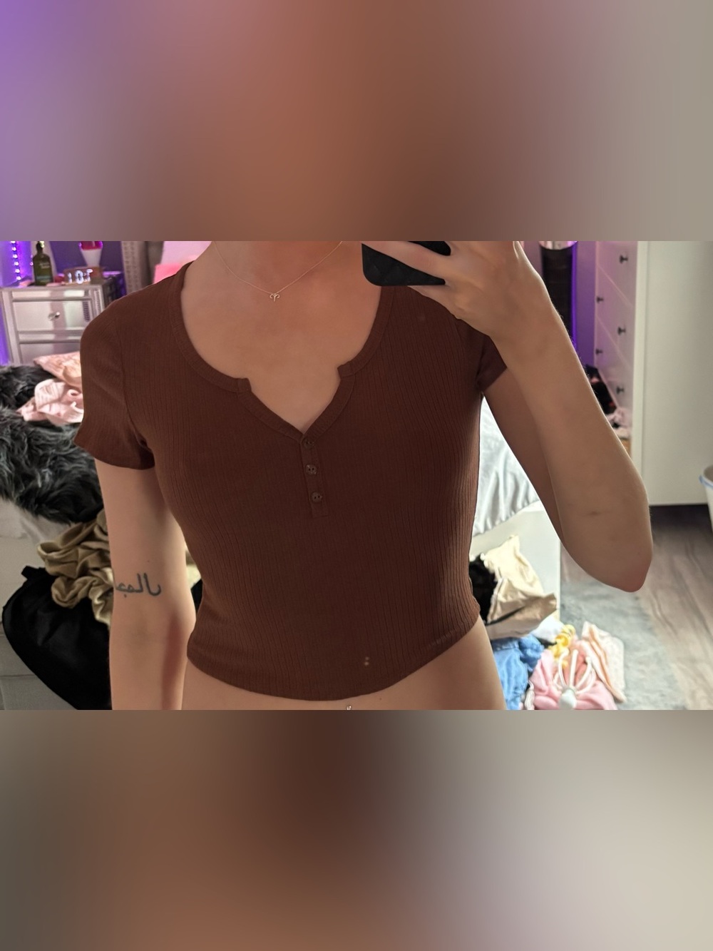 Fashion Nova Ribbed Henley Crop Top - Brown